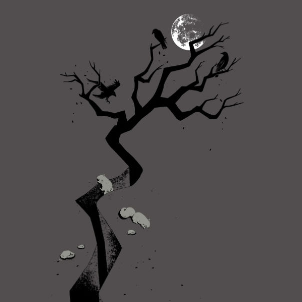 闇夜にカラスが佇む枯木はリスにとっての穴倉