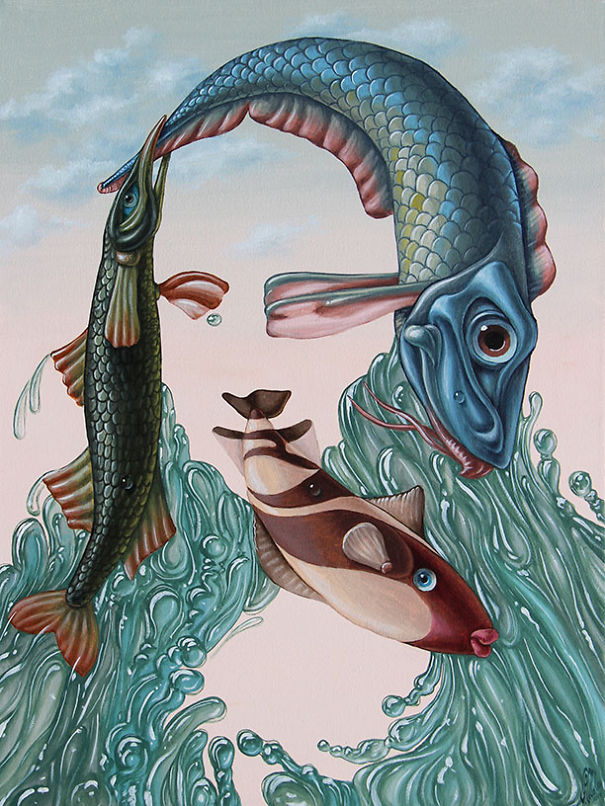 ドイツの芸術家Victor Molevによる作品。魚と波がモナリザの形を作る