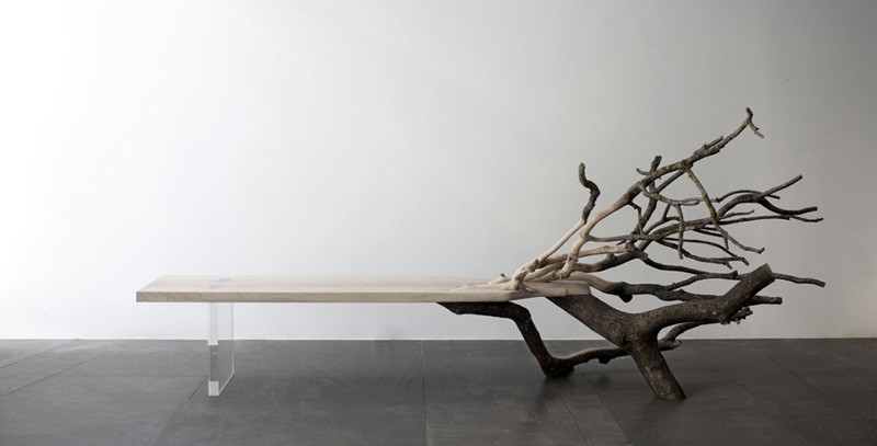 樹の形をそのまま利用したデザインの木の椅子