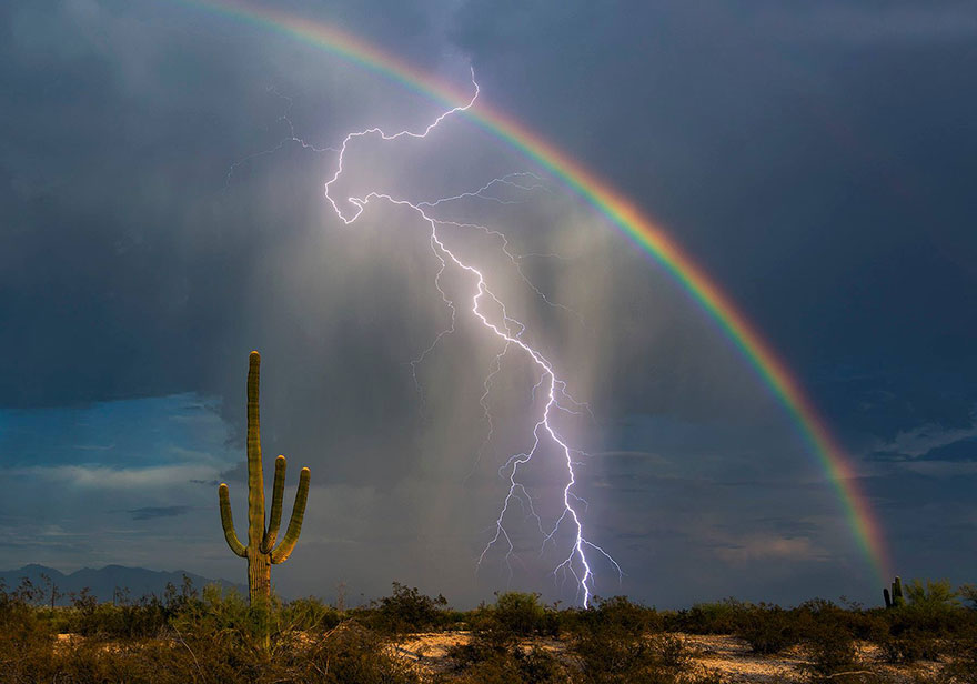 まさに奇跡の瞬間。虹と稲妻を同時に撮影した写真1枚