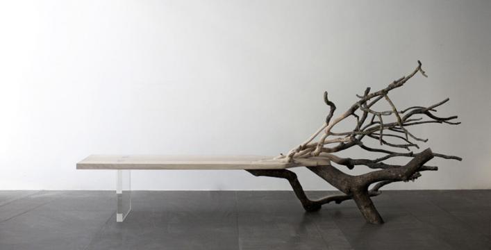 樹の形をそのまま利用したデザインの木の椅子